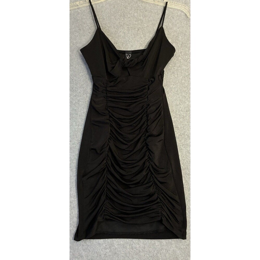 Women’s Small Windsor Black Ruched Bodycon Mini Dress Spaghetti Strap Cowl Neck